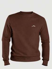 Men's Crew Neck Sweatshirt, Unisex Flannel Lined Sweater With Mountain Print - Rust Brown - View 1