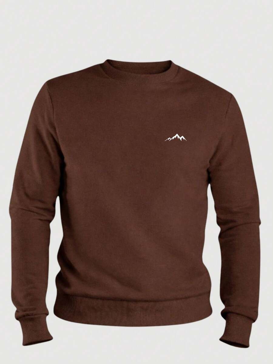 Men's Crew Neck Sweatshirt, Unisex Flannel Lined Sweater With Mountain Print - Rust Brown - View 1