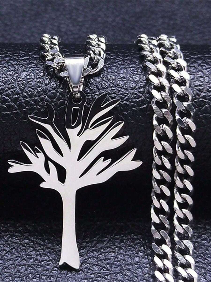 Funky Stainless Steel Tree Of Life Pendant Necklace - Silvery Hollow Design Fashion Accessory - Multicolor - View 1
