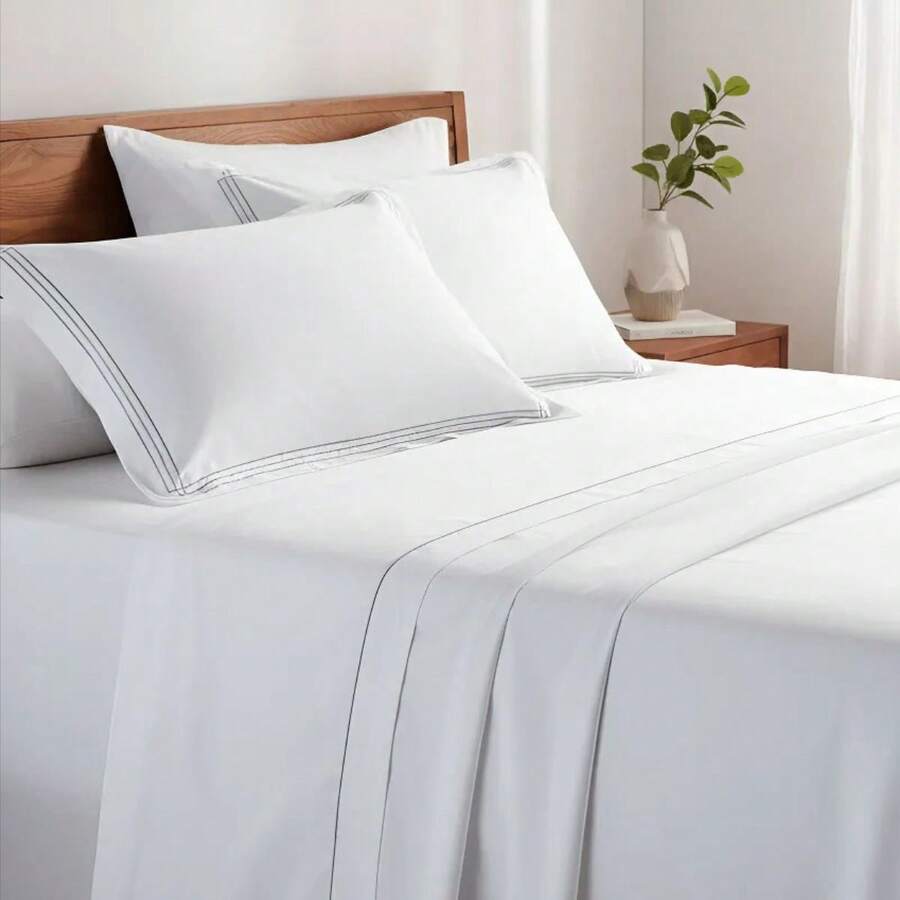 Queen Size Sheet Set Alicia 400 Thread Count Cotton Embroidered Luxury - White - View 1