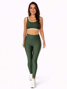 Kit Fitness Feminino 3 Peças – Top, Shorts e Legging Cintura Alta - Verde Militar - Visão 4