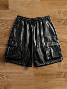 Pantalones cortos cargo de hombre de piel sintética negra, estilo urbano - Negro - Ver 4