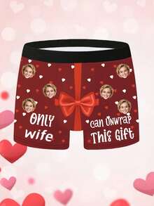 1pc Men's Customized Face & Personalized Text Print Burgundy Comfortable Briefs, Romantic Style Boxer Briefs, Valentine's Day Gift - Multicolor - View 2