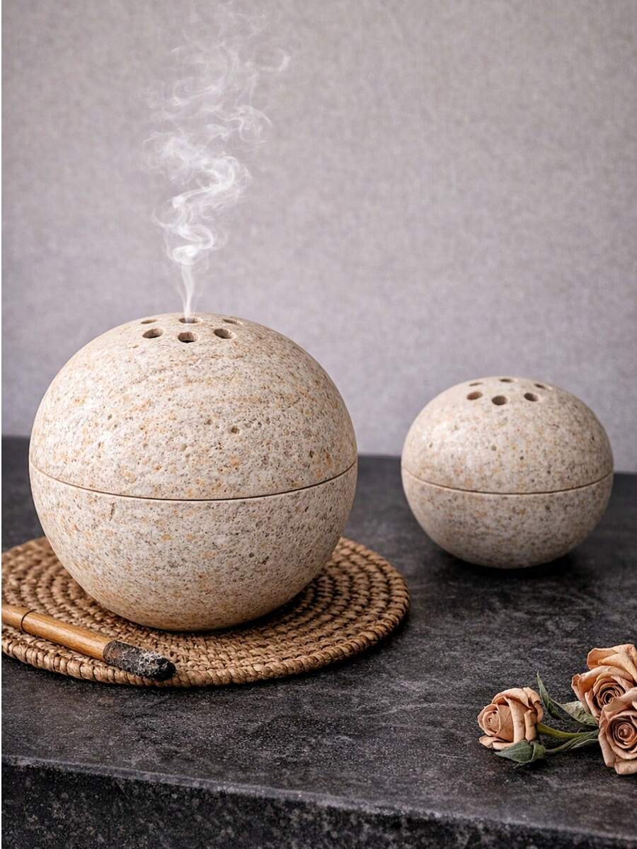 1个日式侘寂风格圆形石纹香薰扩散器,带通风孔,适合客厅和冥想空间家居装饰 - 圓球香爐 - 查看 1