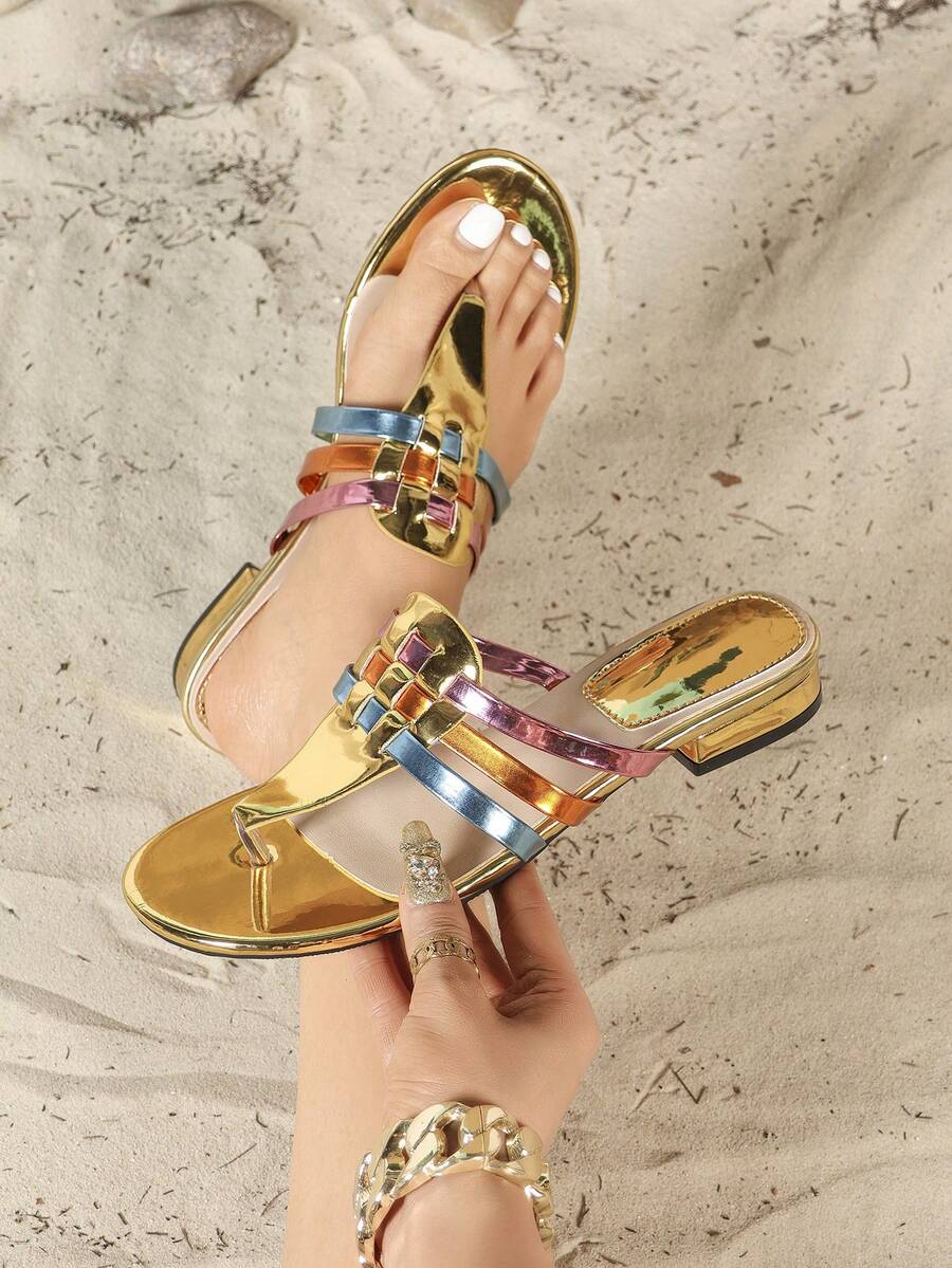 2cm Low Heel Bohemian Style Iridescent Strap Thong Flat Sandals, Summer Beach Holiday Casual Slip-On Slippers - Gold - View 1