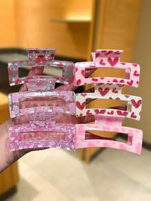 6/4/2个装女士爱心印花方形发夹，甜美可爱风格发饰，适合情人节、日常休闲、户外活动、派对、约会等场合，长度约3.35英寸/8.5厘米，女士配饰，情人节礼物，优雅发爪，女士发爪，休闲发夹，花朵发夹 - 彩色 - 查看 10