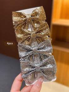 4pcs Gold & Silver Bowknot Hair Clips, Sweet Style Hair Accessories Suitable For Daily Use - Multicolor - View 5