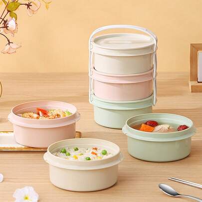 WORTHBUY 2100毫升三层圆形塑料午餐盒，带提手，便携式大容量水果便当盒，可堆叠密封食品容器，耐冷耐热，适合学生和成人在学校、办公室、户外露营、野餐、旅行中使用。