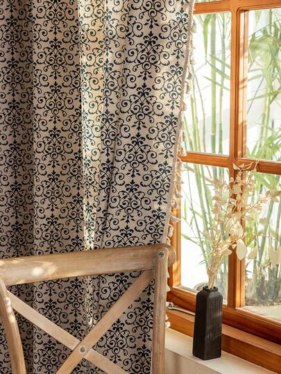 1pc Spring/Summer Floral Curtain, Bohemian Style With Tassel Decor, Sheer Voile Window Curtain, Suitable For Bedroom, Living Room, Dining Room, Farmhouse, Room Decor, Holiday & Theme Party, All Season