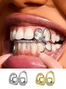 1 Set Unisex Hollow CZ Gold & Silver Tooth Grillz,Teeth Jewelry Suitable For Daily, Nightclub, Halloween, Christmas Wear - Multicolor - View 4