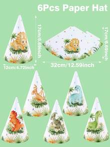 6pcs Green Leaf Dinosaur Birthday Party Paper Cone Hats, Animal Themed Party Supplies, Baby Shower Decorations, Baby Gifts - Dinosaur - View 5