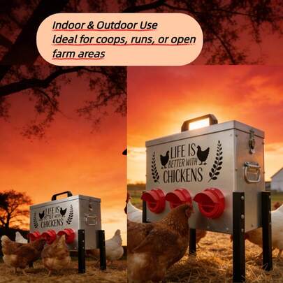 Metal Chicken Feed Dispenser With 6 Waste-Free Discharge Ports Lock Cover Riveted Handle Portable Sturdy Durable Outdoor Poultry Feed Box Rodent & Rainproof Elevated Design Suitable For Multiple Chickens Multi-Day Feeding