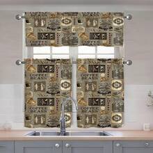 3pcs Coffee Themed Linen Curtains, 2D Flat Design, Suitable For Kitchen, Cafe - Multicolor - View 2