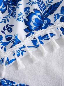 Set de 2 bucăți de vară, top camisol cu imprimeu floral retro vintage și decor cu ciucuri + set de pantaloni scurți casual cu imprimeu floral retro vintage, pentru fete tinere - Albastru regal - Vizualizare 10