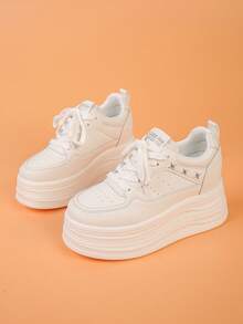 女士厚底运动鞋，纯色休闲户外系带时尚百搭鞋，白色低帮增高鞋，适合户外穿着 - 白色 - 查看 7