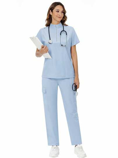 cimmuovere 女士拉链短袖上衣和纯色直筒口袋裤套装，适用于护士、牙医、医疗保健人员、宠物医院、实验室等场所。