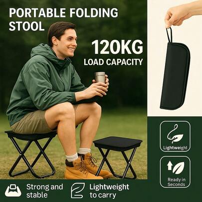 Folding Travel Chair - Compact And Sturdy Adult Seat, Easy To Set Up, Stable Without Wobbling, Camping Chair | Compact Chair | Durable Construction, Camping Gear, Portable Seat, Lightweight Chair, Space-Saving Design, Reinforced Frame, Explorer - Supports 120KG, Perfect For Camping, Fishing, And Outdoor Use