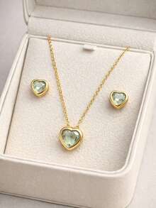 Elegant Zirconia Heart Necklace + Earring Kit For Women, Gold And Silver Plated - Nước Xanh Bạc - Xem 1