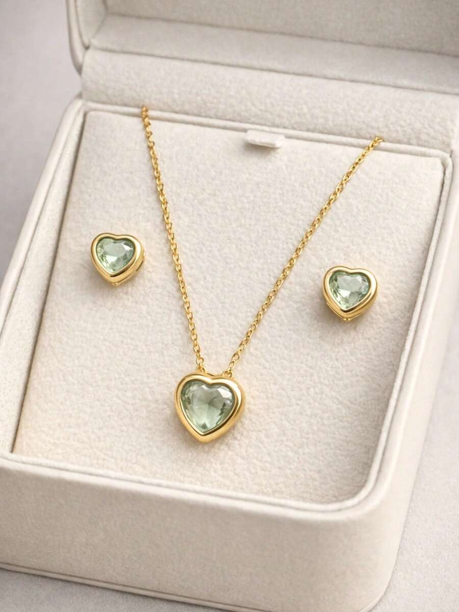 Elegant Zirconia Heart Necklace + Earring Kit For Women, Gold And Silver Plated - Nước Xanh Bạc - Xem 1