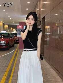 [Y6Y] Women's Black Crew Neck Knit Sleeveless Vest, Fashionable High-End Hooded Sleeve Top, Suitable For Spring/Summer Wear - Black - View 8