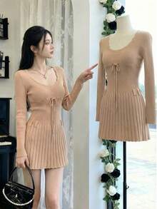 [Y6Y] 女士V领长袖针织连衣裙，系带修身款，适合春季穿着 - 淺咖色 - 查看 8