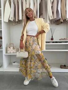 优雅女士时尚休闲派对可爱独特柠檬印花连衣裙/半身裙，透气夏季款 - 黃色 - 查看 2