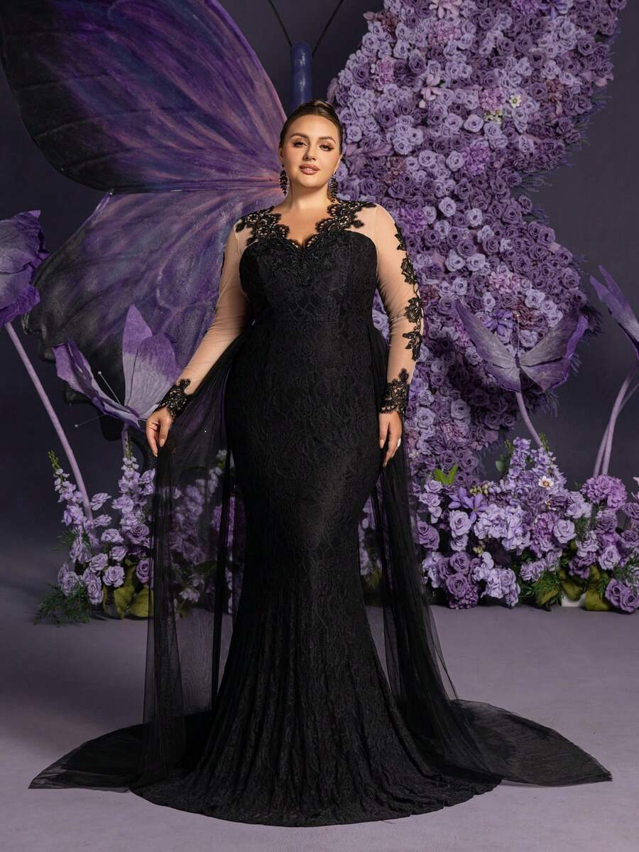 Faeriesty 优雅黑色蕾丝美人鱼晚礼服，配以透视长袖和刺绣紧身胸衣，正式薄纱礼服，适合红毯活动、盛大晚宴、婚礼宾客、正式场合派对等。 - 黑色 - 查看 1