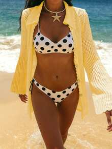 Vestido de verano/primavera amarillo para mujer ARDOR S, vestido casual suelto y cómodo con cuello, decoración de botones y suéter de punto semitransparente para la playa - Amarillo - Ver 3