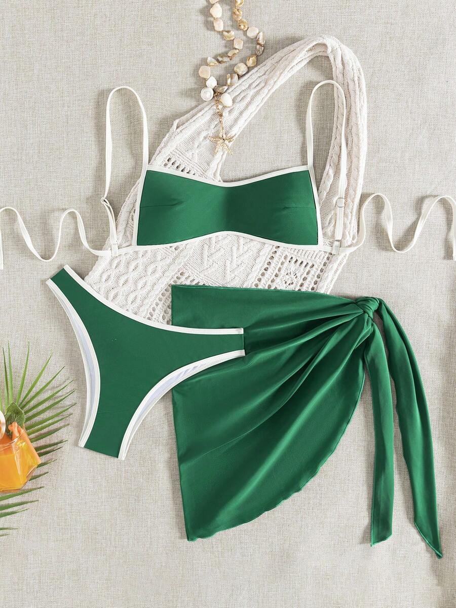 wohenmeili Conjunto de bikini de tirantes finos con ribete de color contrastante para la playa y vacaciones de verano - Verde Oscuro - Ver 1
