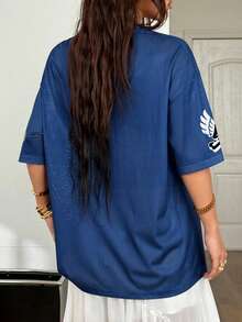 加大码女式时尚数码字母印花网眼针织休闲宽松运动T恤 - 藏蓝色 - 查看 3