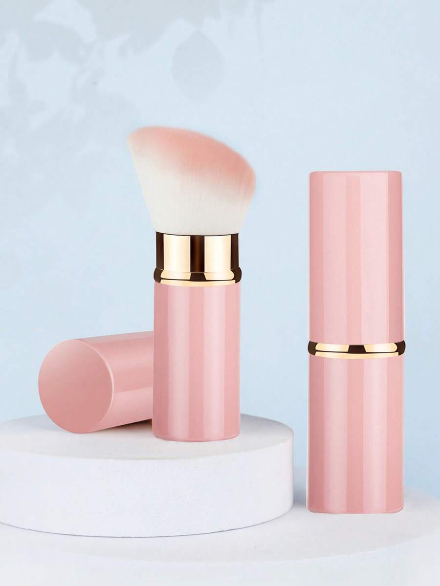 1pc Retractable Kabuki Makeup Brush Foundation Powder Blush Brush Retractable Makeup Brush Face Mixer Brush Professional Mineral Mixed Brush Aluminum Box Portable Cover (Diagonal Top, Pink) - Multicolor - View 1