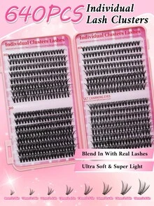 640PCS D Curl 30D40D50D Mix 9-16mm Cluster Lashes Book Kit, Soft And Comfortable False Eyelashes Long-Lasting Lashes Kit With Lash Bond&Seal And Lash Tweezers, Perfect For DIY At Home, Beginner Friendly - 黑色 - 查看 3