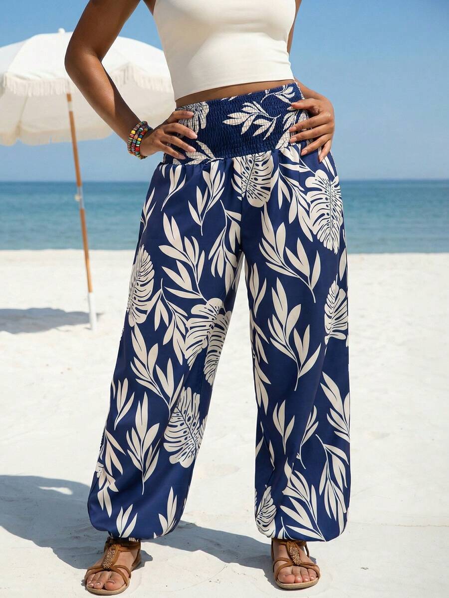 Women's High Waist Wide Leg Paisley Print Casual Pants, Ankle Length Trousers (YY1177) - Navy Blue - View 1