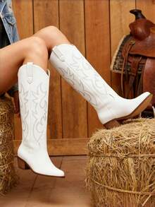 White Cowgirl Outfits For Women Boots Pointed Toe Knee High Cowboy Boots Women Pull On Zipper Chunky Heel Summer Boots Country Concert Combat Boots For Women - White - View 6