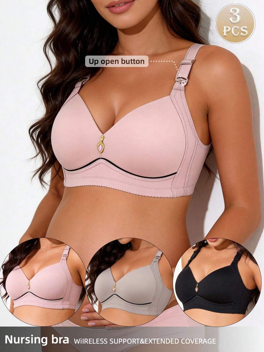 3pcs/Set Simple Color Block Maternity Bras, Comfortable Breathable Nursing Bras For Women - Multicolor - View 1
