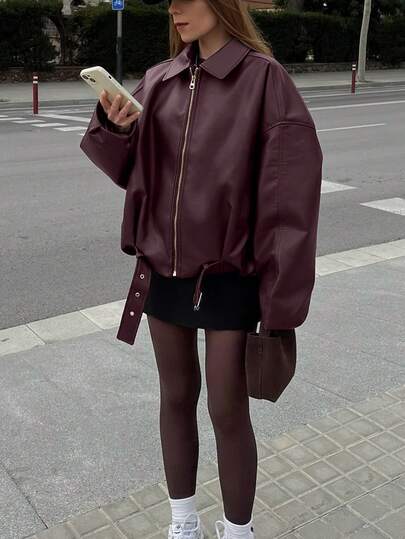 New Vintage Bomber Leather Jacket, Solid Color Casual Zipper Pocket Jacket, Leather Jacket, Regular Fit, Women Winter Jacket