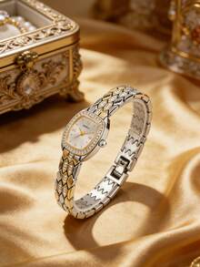LIANDU LIANDU 1pc Vintage Elegant Minimalist Square Dial Women's Watch, Decorated With Numeric Dial, Stainless Steel Detachable Strap, Suitable For Daily Wear, Back-To-School, Graduation, Thanksgiving, Couples, Best Gift - 金色 - 查看 2