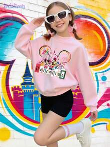 1pc Disney Valentine's Day Mickey Mouse & Friends Festive Castle & Fireworks Graphic Tween Girls Sweet Sweatshirt - Soft & Skin-Friendly, Ideal For Valentine's Day Outings & Casual Hangouts - Hồng - Xem 2