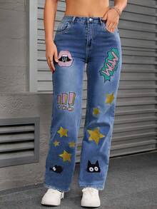 Plus-Size Women's Light Blue Cartoon Embroidered High-Waist Flared Jeans, Fun Cartoon Embroidery, Autumn And Winter Cartoon Prints, High-Waist Slimming, Fun Star Cat Patterns, Casual Star Cat Print Clean Pants - 中等水洗藍 - 查看 8
