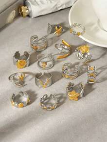 3/6/9/12pcs Set 18K Gold Plated Stainless Steel Minimalist Geometric Pattern Open Rings, Suitable For Women's Daily Wear (Random Delivery) - Gold - View 1