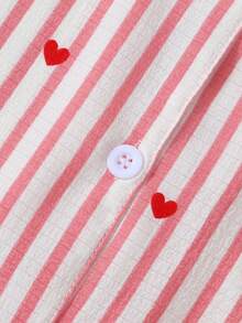 Striped Heart Print Women Short Sleeve Pajama Set - Pink - View 5