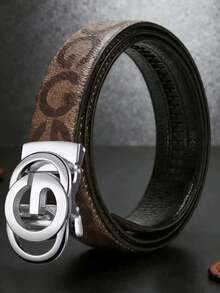 男士时尚百搭字母金色自动扣皮带 - 黑色仿皮，压纹设计，皮革质感，商务或休闲场合的完美节日礼物 - 彩色 - 查看 6