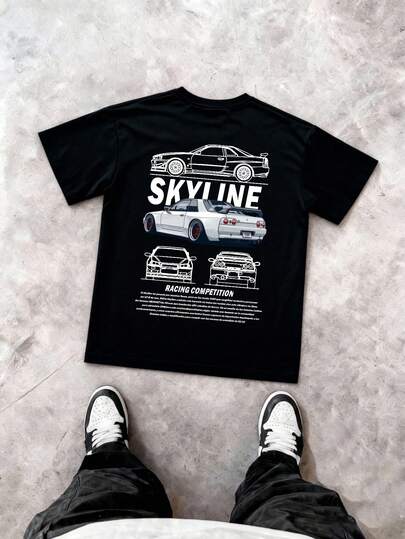 轻薄男士T恤，印有汽车图案，短袖，时尚户外运动休闲T恤 - 轻薄、柔软、有弹性