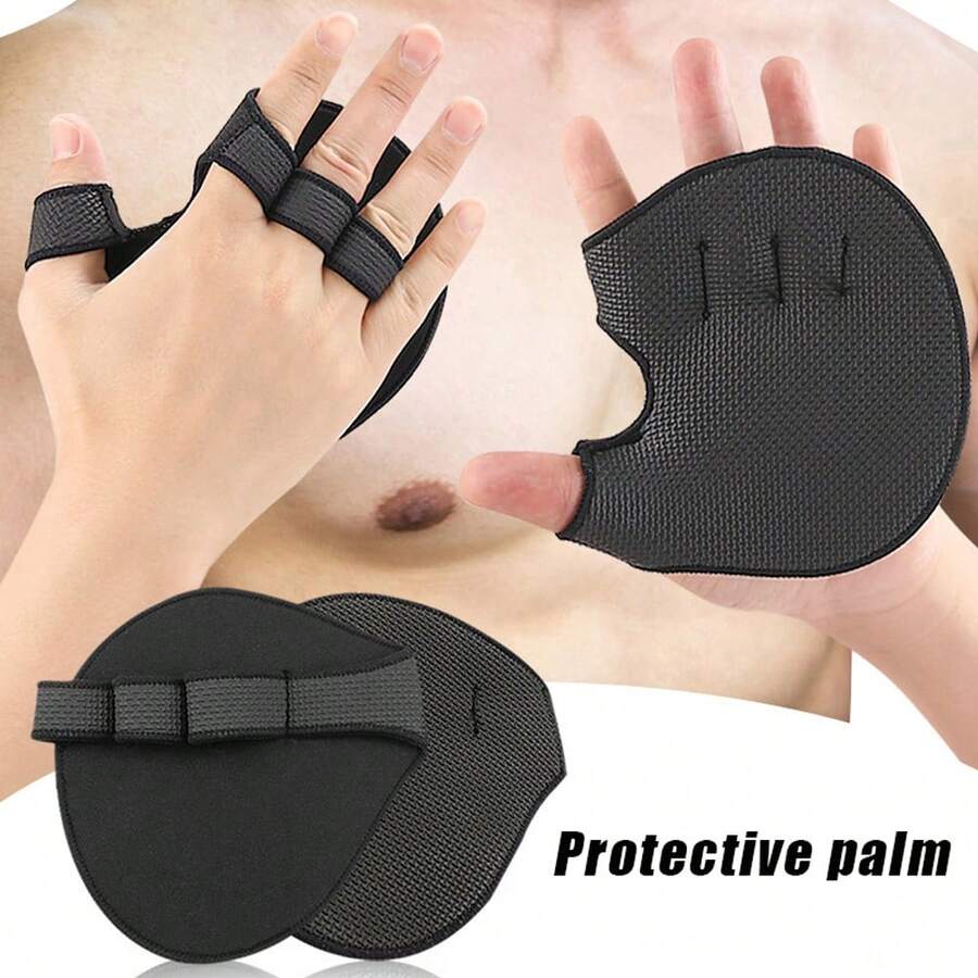 1双半指健身手套，杠铃哑铃掌垫，防滑耐磨，男女通用，适合举重、悬垂和引体向上 - 黑色 - 查看 1