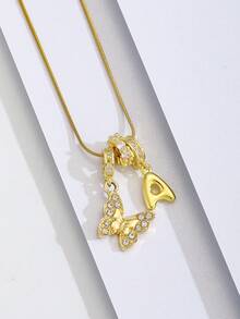 1pc Fashionable Exquisite Popular Gold Butterfly & 3d Balloon Initial Letter Charm Stainless Steel Snake Chain Necklace For Girls Kids Cute Stylish A-Z English Bubble Alphabet Necklace For Daily Wear Jewelry Accessory Birthday Gift - Gold - View 4