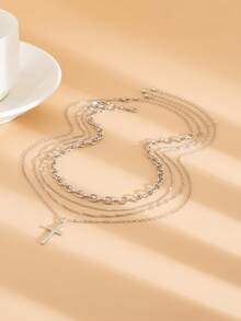 4pcs Minimalist Geometric Cross Pendant & Paper Clip Necklace Set - Suitable For Party And Daily Wear - Silver - View 3