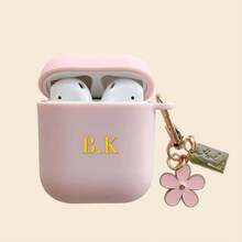 客製化字母姓名耳機保護殼（2件組，含小花鍊條）適用於 Air Case Pods Pro 2/3 保護殼，適用於 Air Case Pods 4代，學生返校季、情人節禮物、生日禮物、節日禮物，男士女士通用個性化禮物 - 粉色 - 查看 4