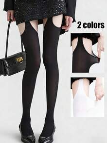 1 Pair Millennium Hollow Out Suspender Socks, Women's Thin Velvet Black Thigh High Socks Sexy For Spring/Summer, Valentine's Day Open Crotch Pantyhose, Lolita Sweet Velvet Knee High Socks - Multicolor - View 1