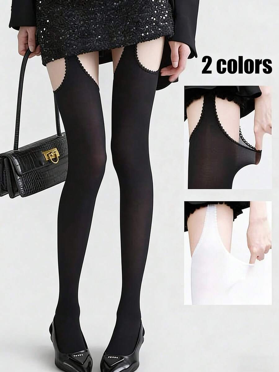 1 Pair Millennium Hollow Out Suspender Socks, Women's Thin Velvet Black Thigh High Socks Sexy For Spring/Summer, Valentine's Day Open Crotch Pantyhose, Lolita Sweet Velvet Knee High Socks - Multicolor - View 1