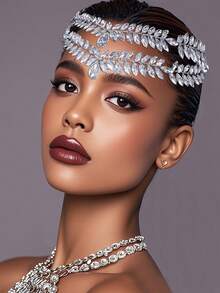 1 pezzo Fascia per capelli con doppio strato di strass, copricapo da sposa di alta gamma, pendente per la fronte, fascia per capelli da donna, accessori da matrimonio di lusso leggero, matrimonio, fotografia, vestirsi per balli, regalo per appuntamenti, souvenir, regalo per le vacanze - Argento - Visualizzare 7